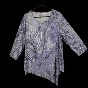 Chicos the Ultimate Tee Purple & White Paisley Tunic Top, Handkerchief Hem SZ 3
